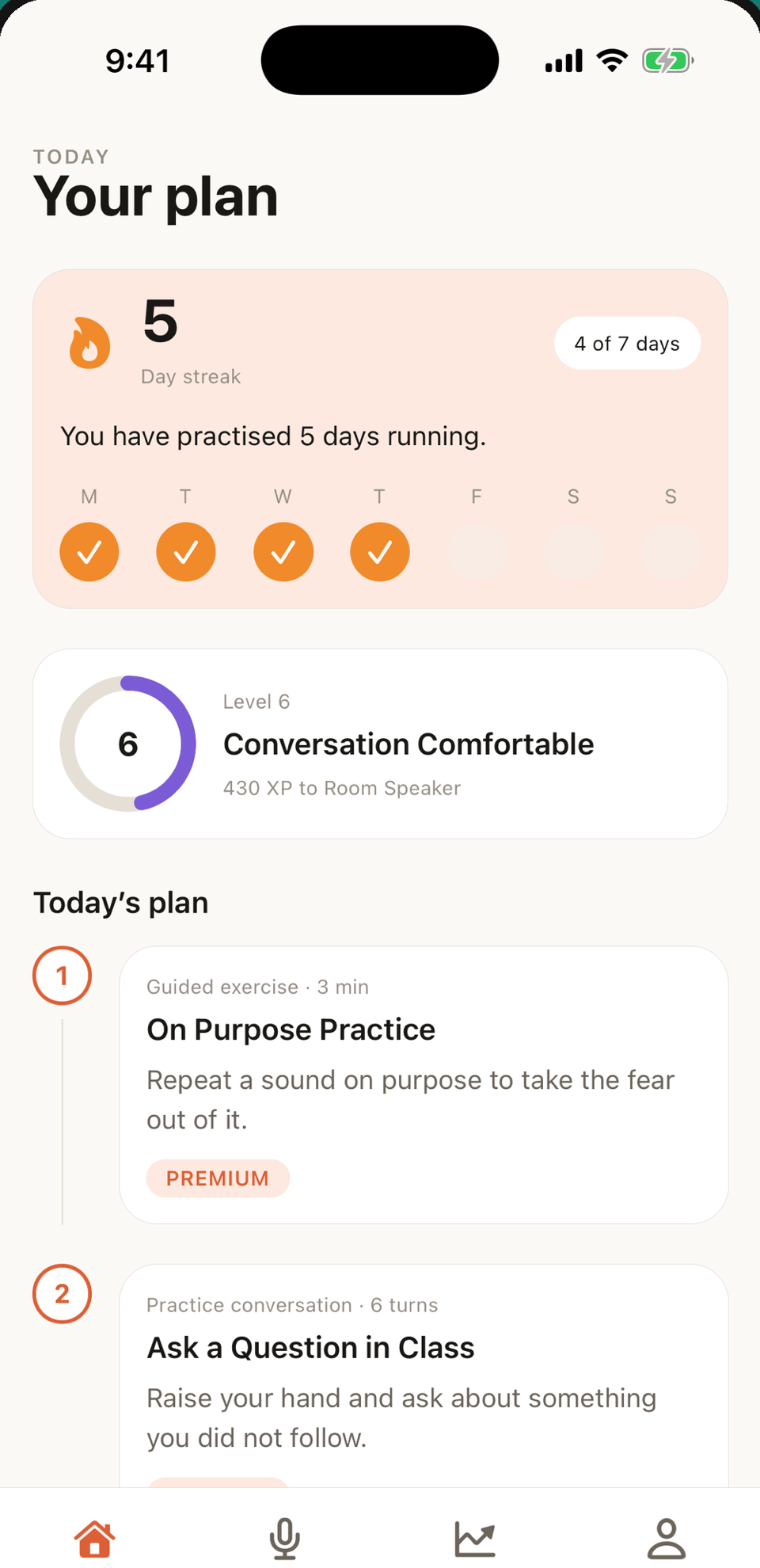The Today screen in the app, showing the next moment to rehearse, Quick Prep, and recent logged moments.