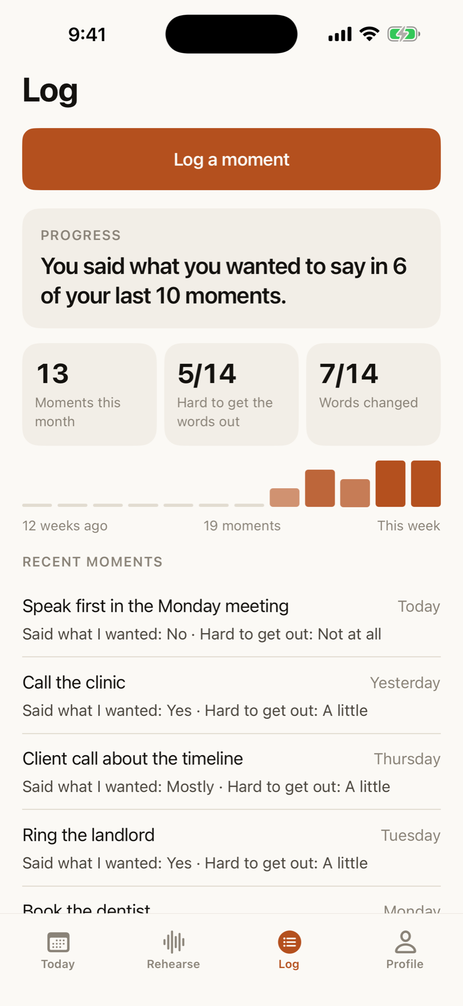 The Log tab in the app. One insight reads: you said what you wanted to say in 6 of your last 10 moments. Below it are three counts for this month and the list of recent moments.