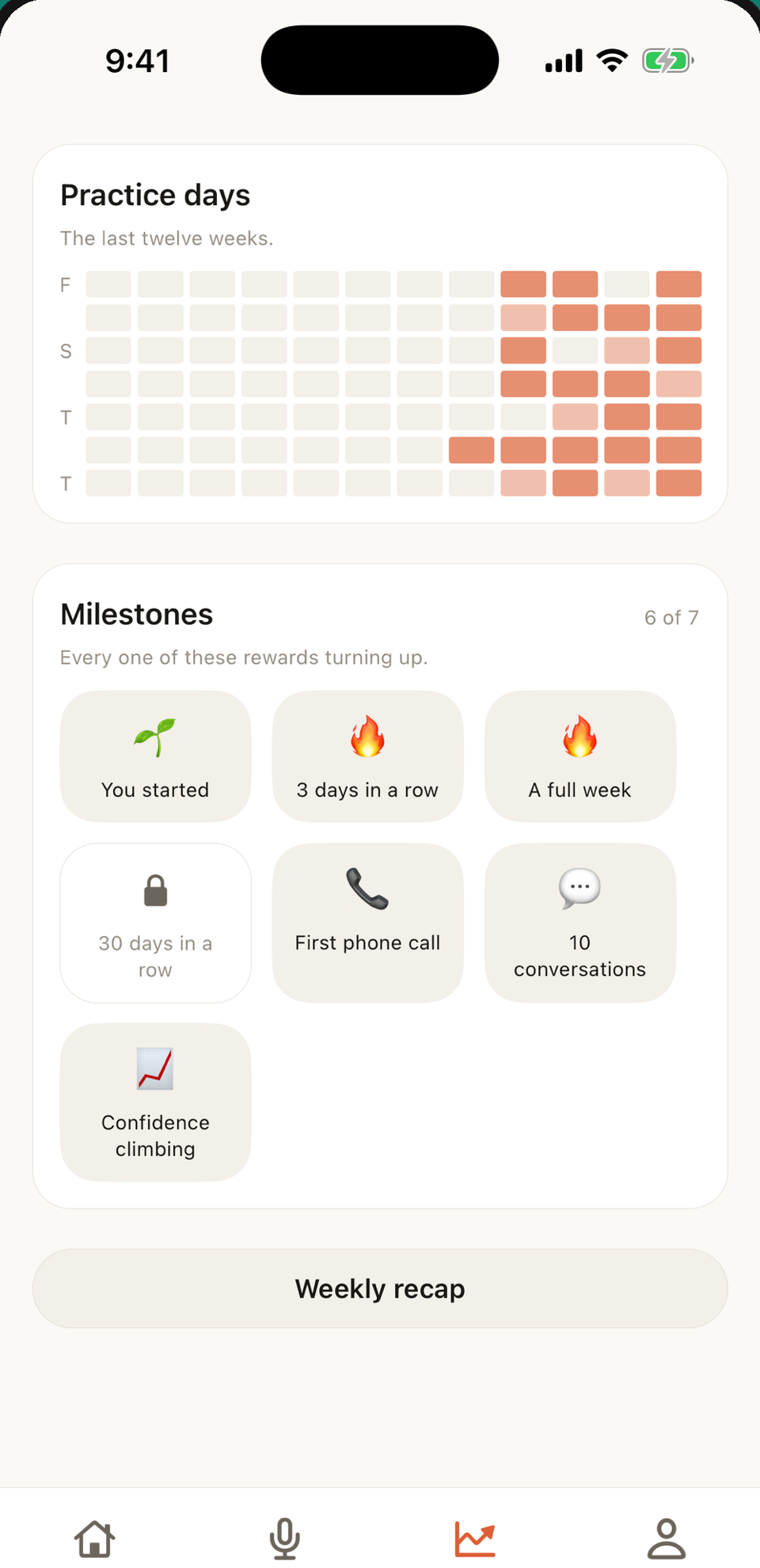 The speaking ladder in the app, showing rungs for challenging real-world situations, from ordering food to disagreeing out loud.