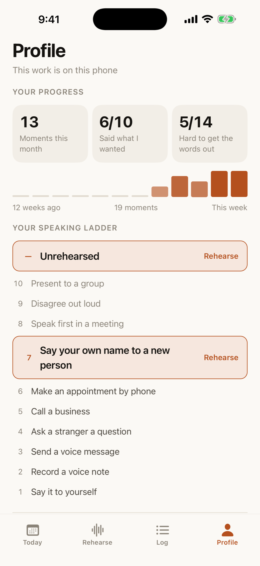 The Profile tab in the app, with the ten-rung speaking ladder, from saying it to yourself up to presenting to a group. Rung 7, saying your own name to a new person, is highlighted.