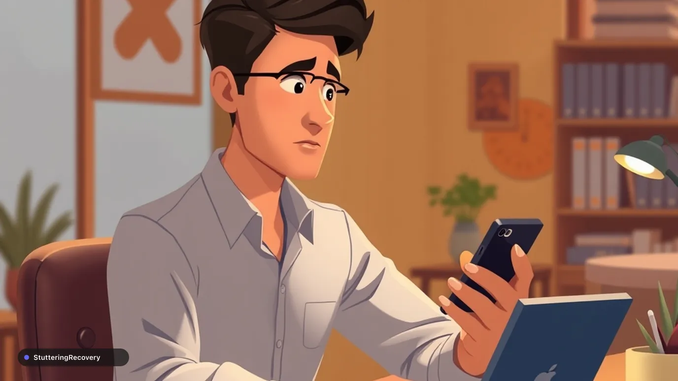 Animated illustration of an adult using a speech training app on a smartphone on a calm wooden desk.