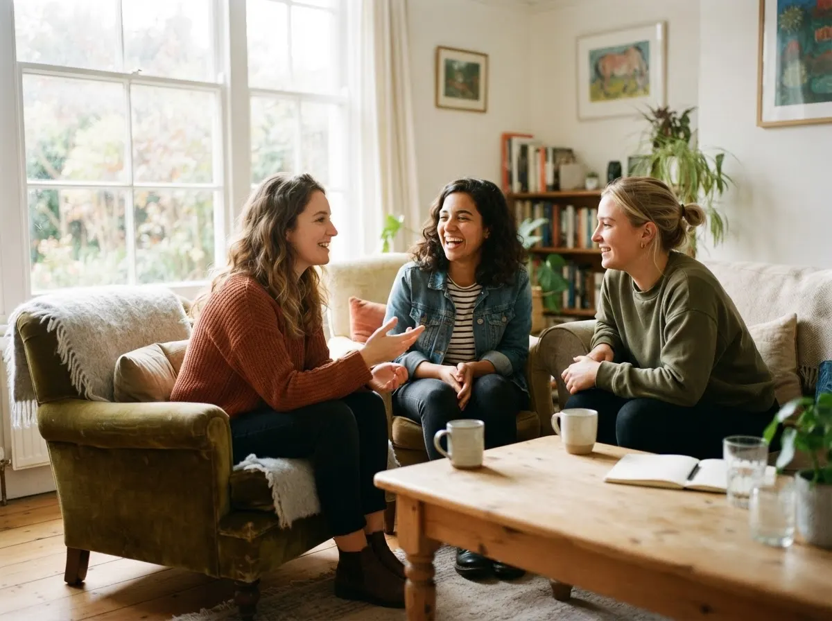 Three people sitting in a small circle talking in a bright room.