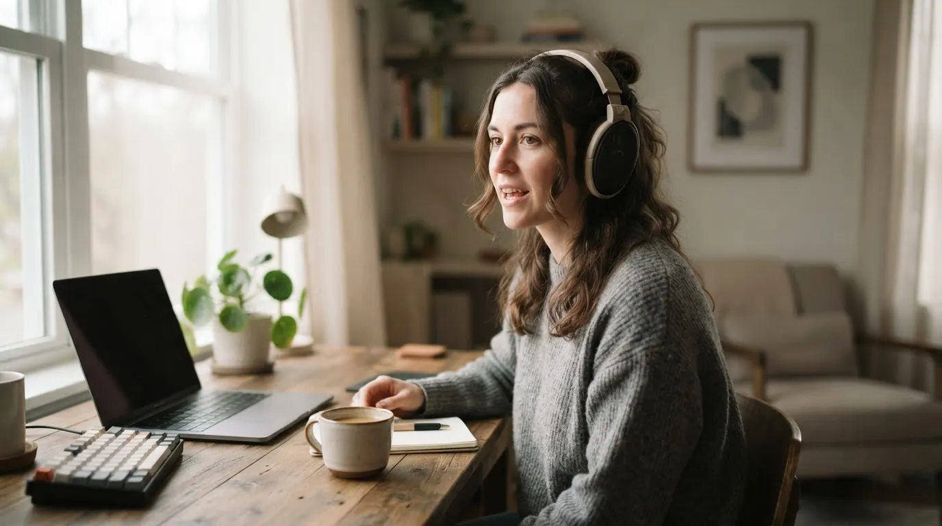 A person wearing over-ear headphones speaks at a desk in a bright room.