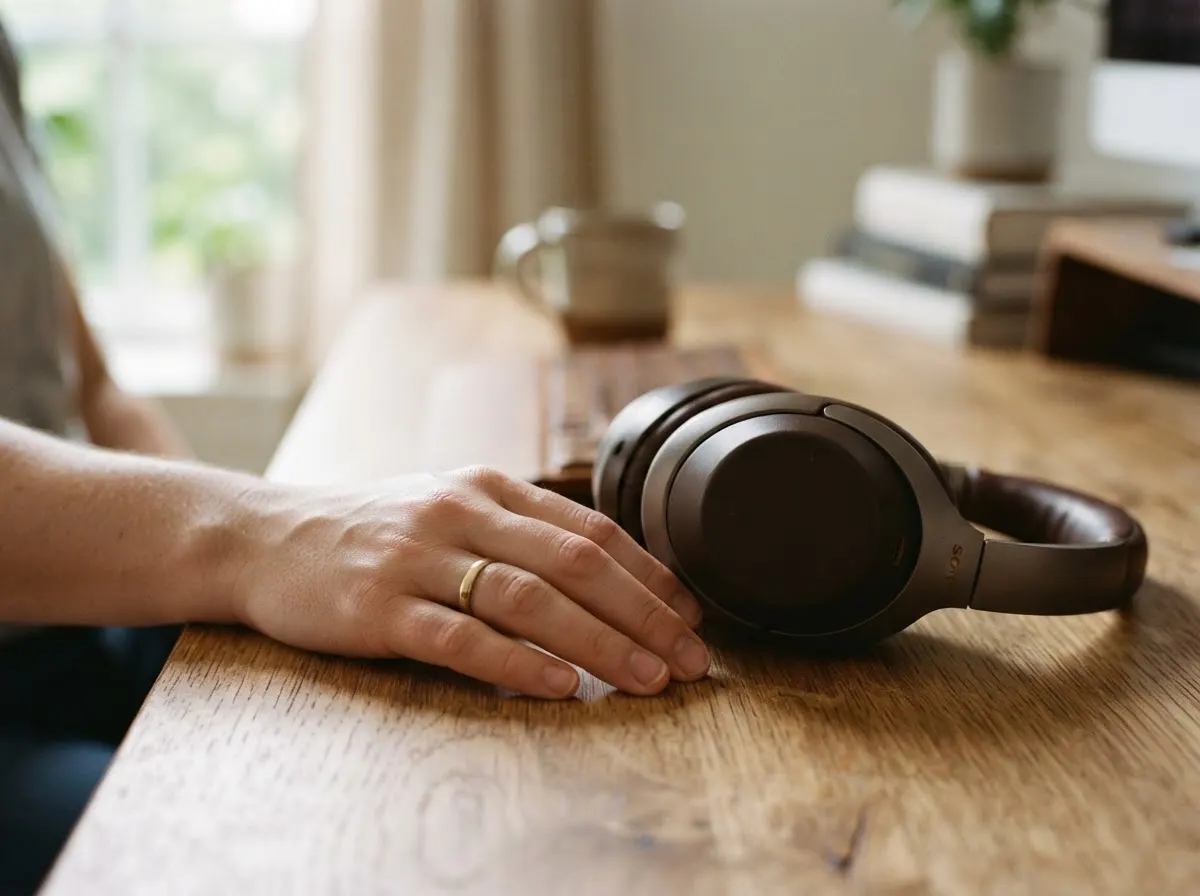 A hand rests on a desk beside a pair of closed over-ear headphones.
