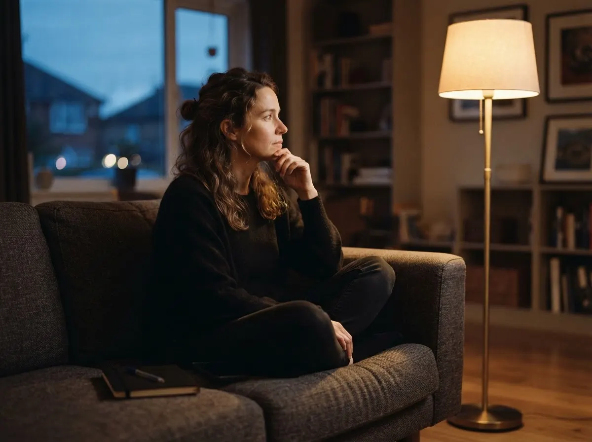 A person on a sofa in lamp light, a phone face down beside a closed notebook.