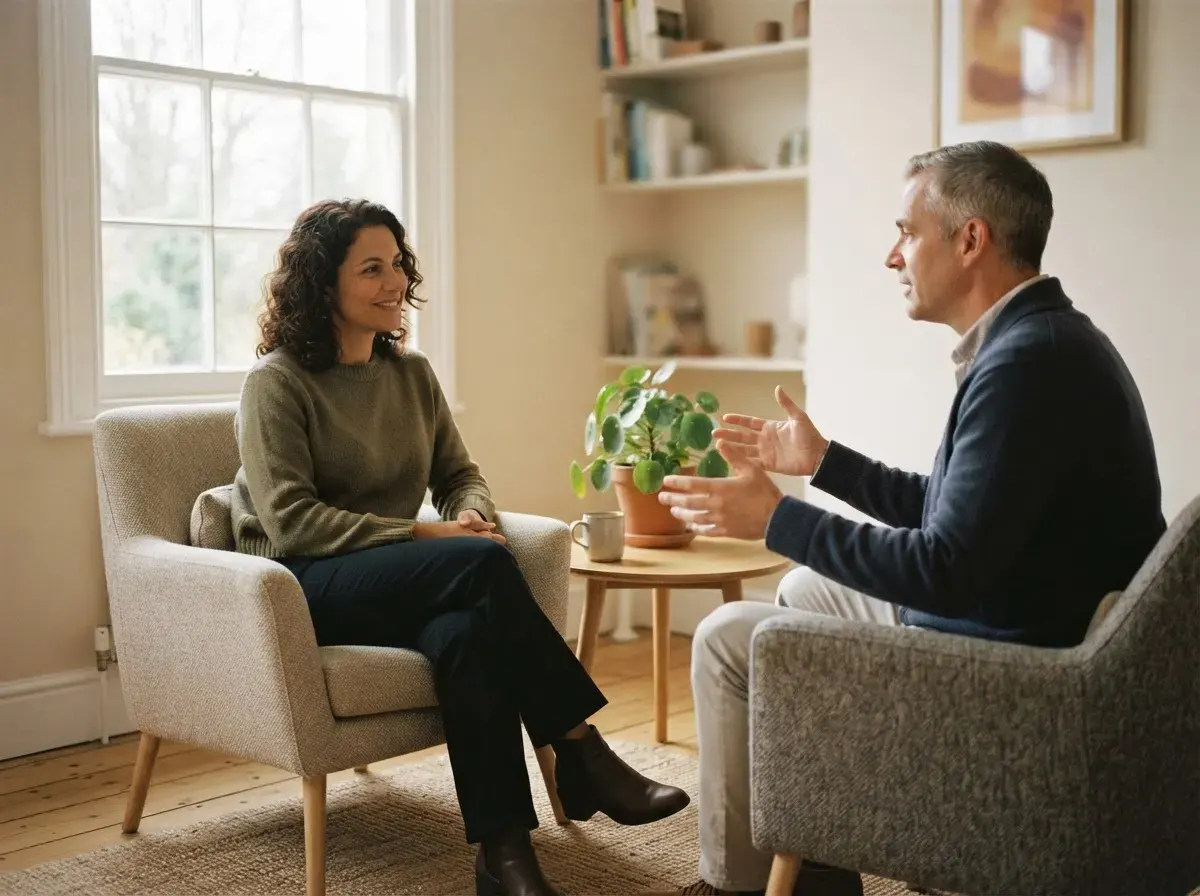 Two people in armchairs in a small bright room, one listening while the other talks.