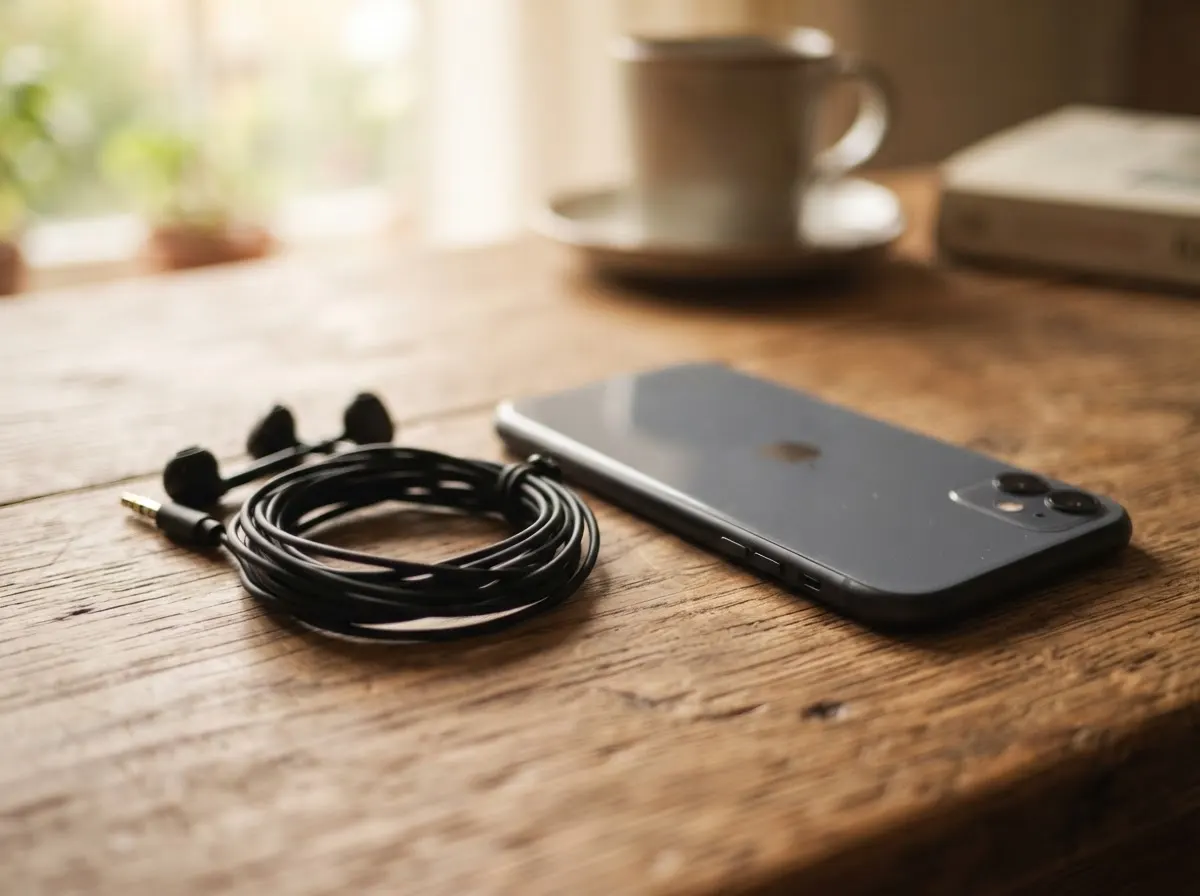 A pair of wired earbuds coiled beside a phone on a wooden table.