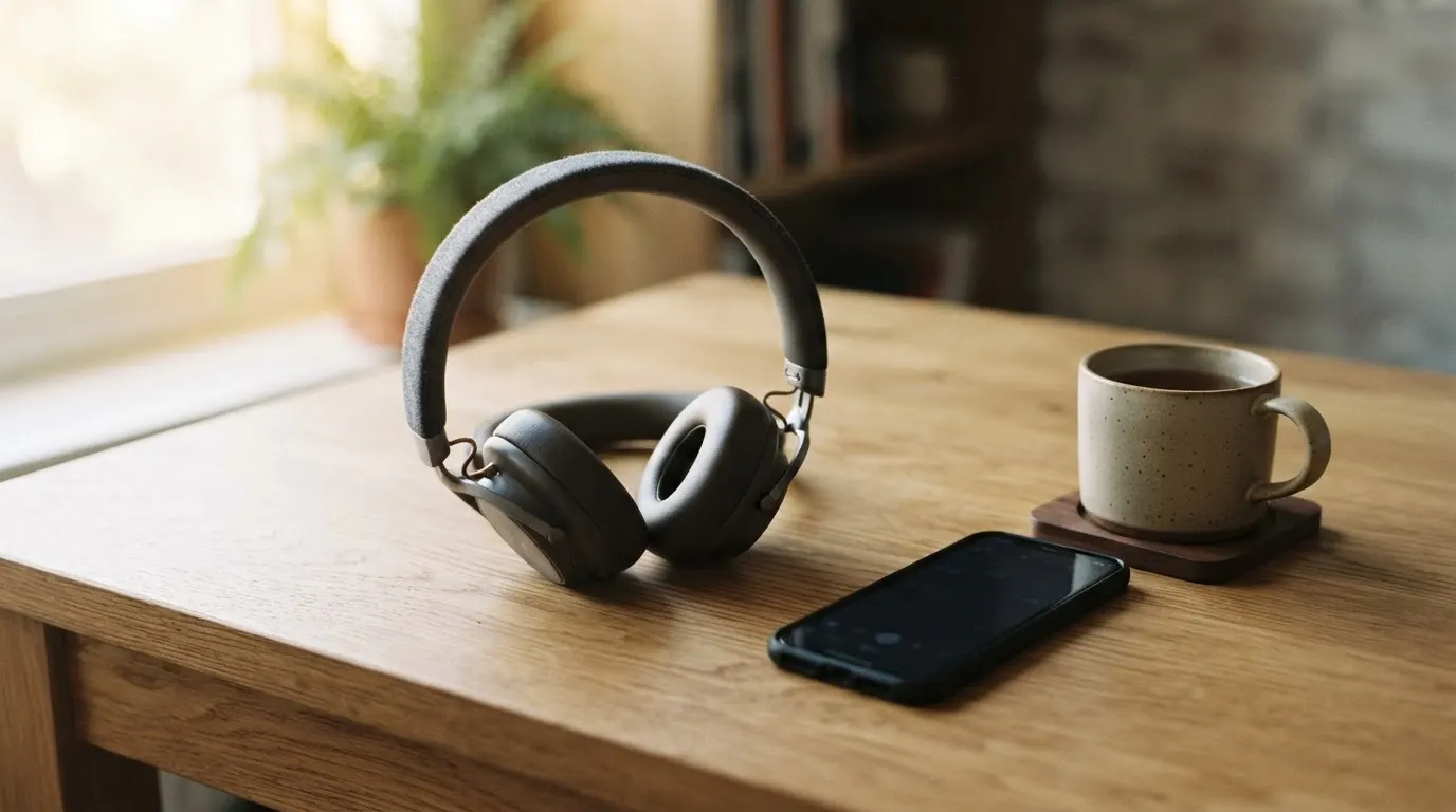 Over-ear headphones resting on a wooden desk beside a phone and a mug in morning light.