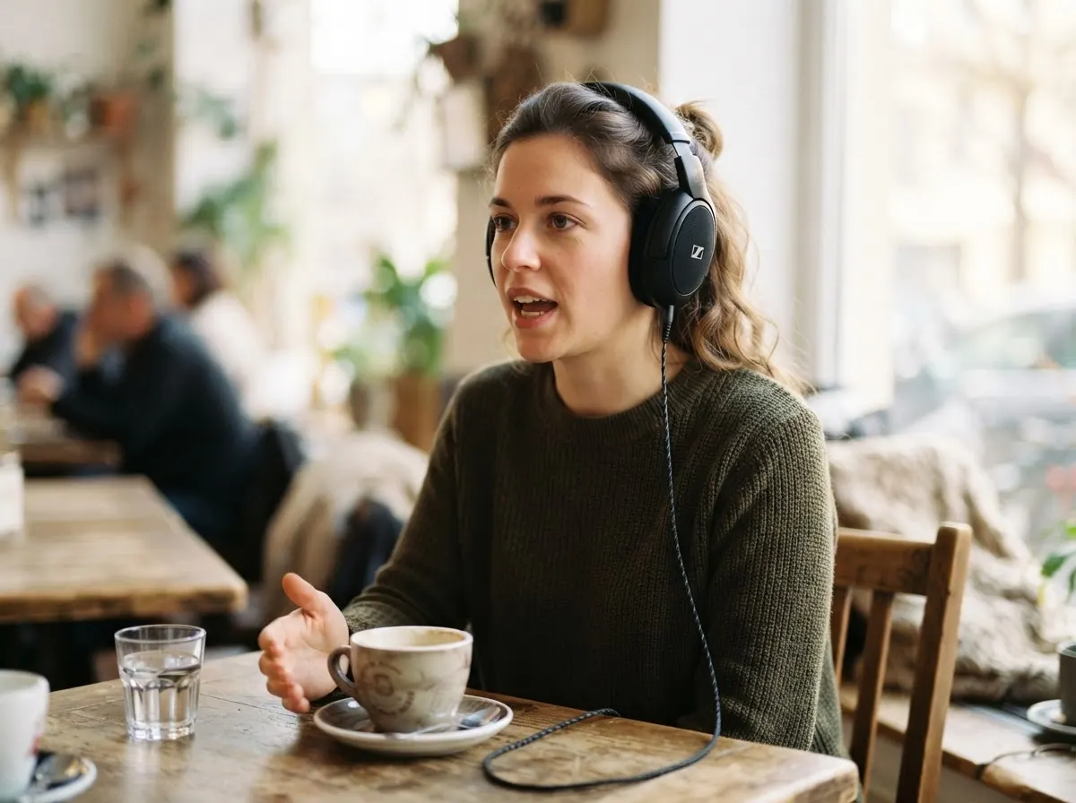 A person wearing wired over-ear headphones speaks aloud at a table.