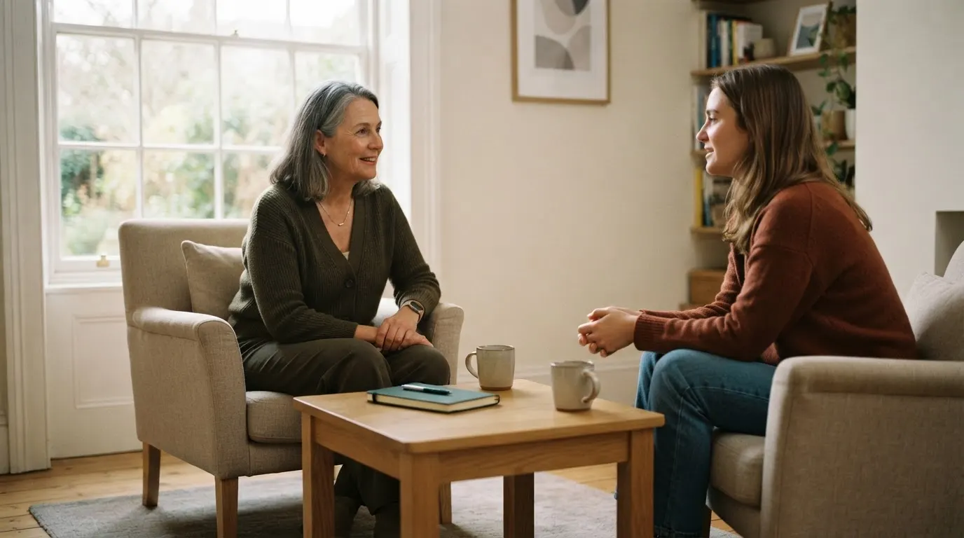 Two people sit in armchairs facing each other across a low table with a notebook and two mugs, in a bright room.