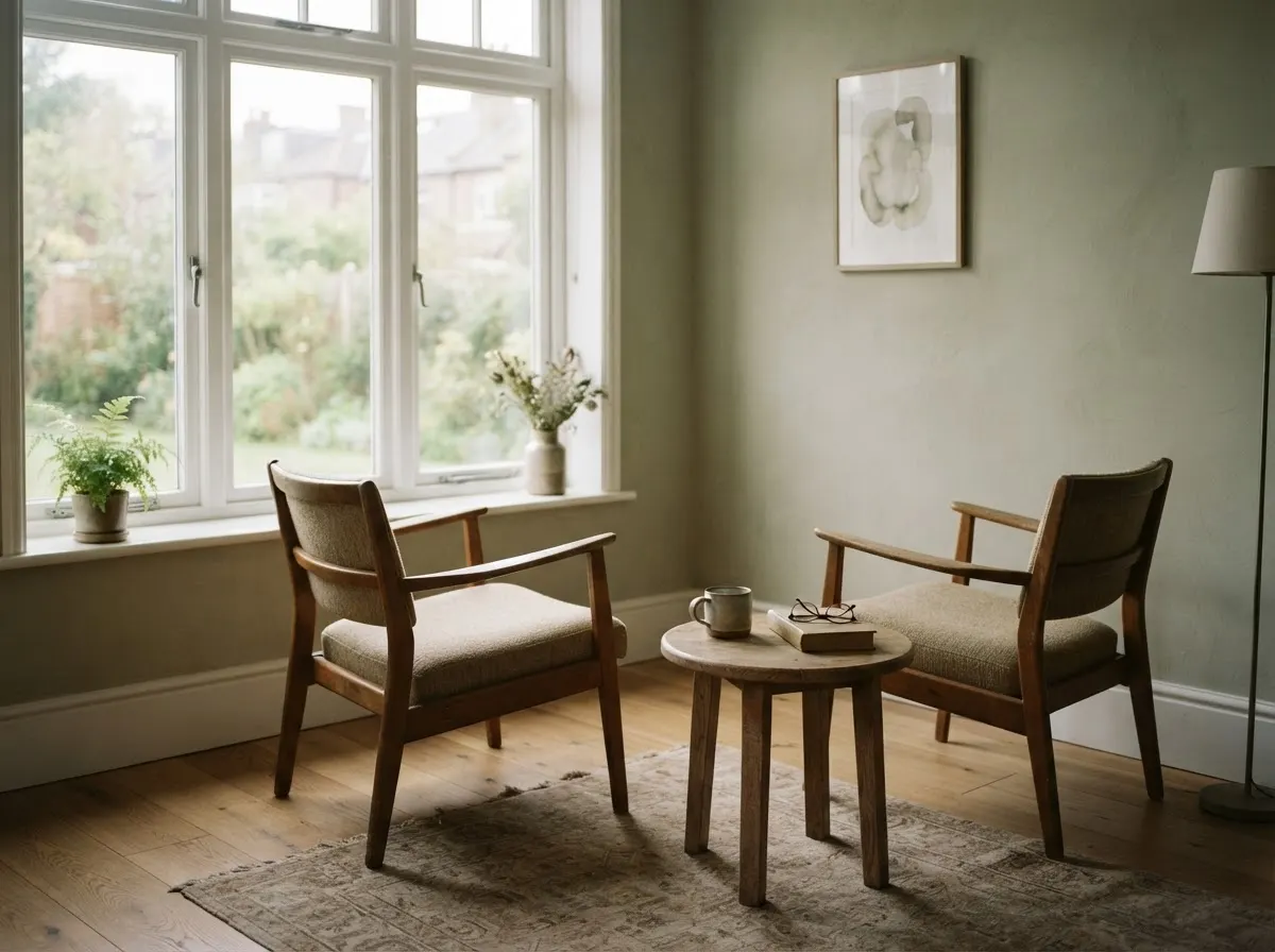 An empty quiet room with two upholstered chairs facing each other beside a window, a low table between them.