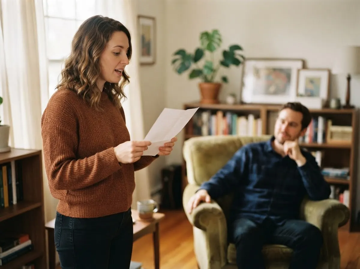 A person reads aloud from a blank sheet of paper while another person listens from a chair.