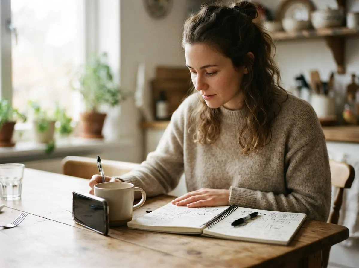 A person at a kitchen table with a phone propped against a mug and an open notebook in front of them.