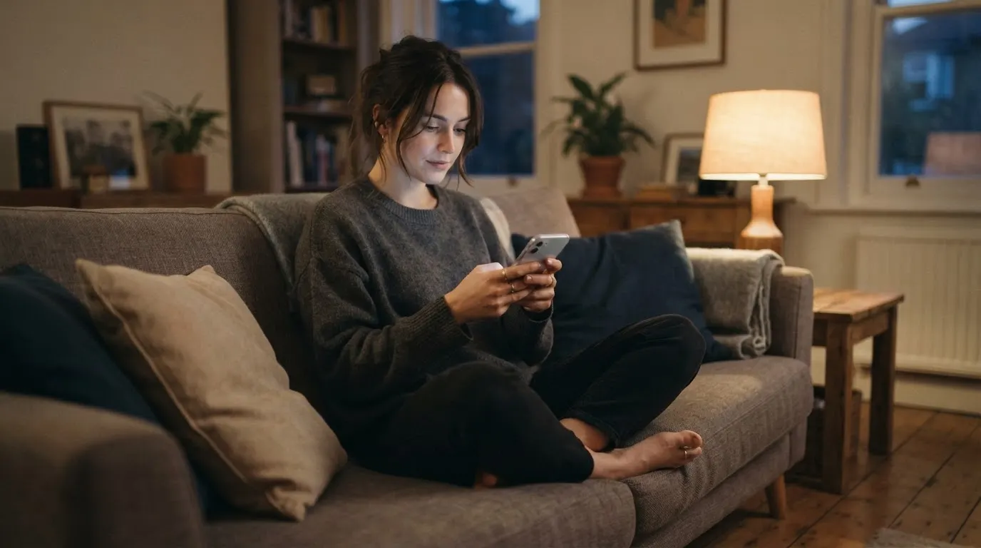 A person sits on a sofa at home holding a phone, practicing, in soft lamplight.