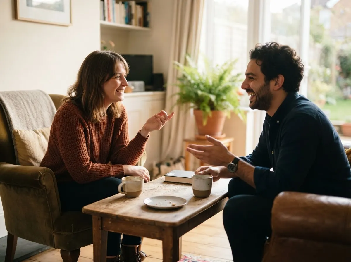 Two people sit opposite each other in a warm room, mid-conversation.