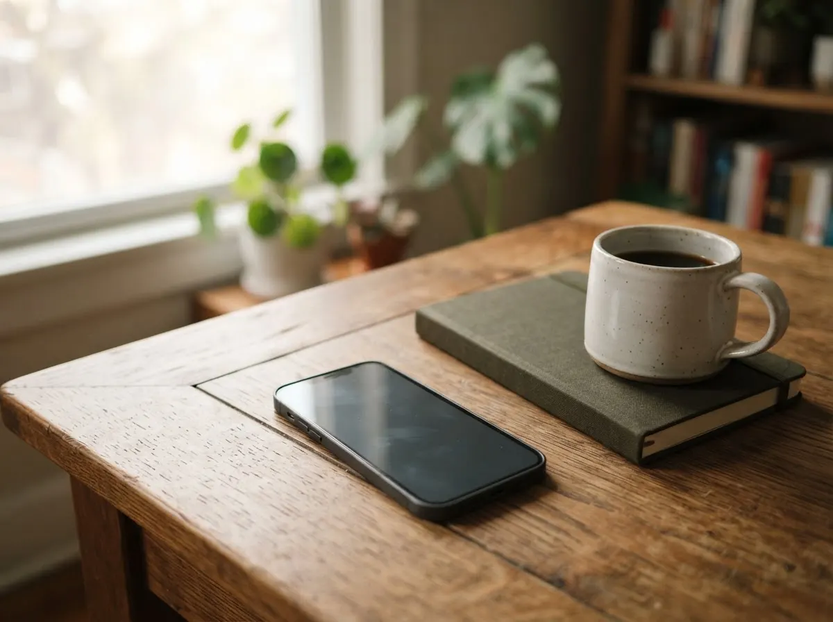 A phone lying face up on a wooden desk beside a closed notebook and a mug.