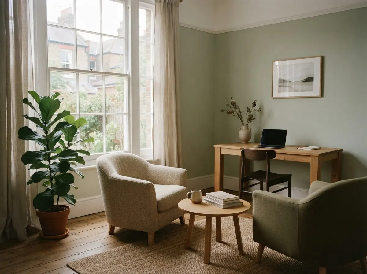 A quiet consulting room with a desk, two upholstered chairs and a plant beside a tall window.