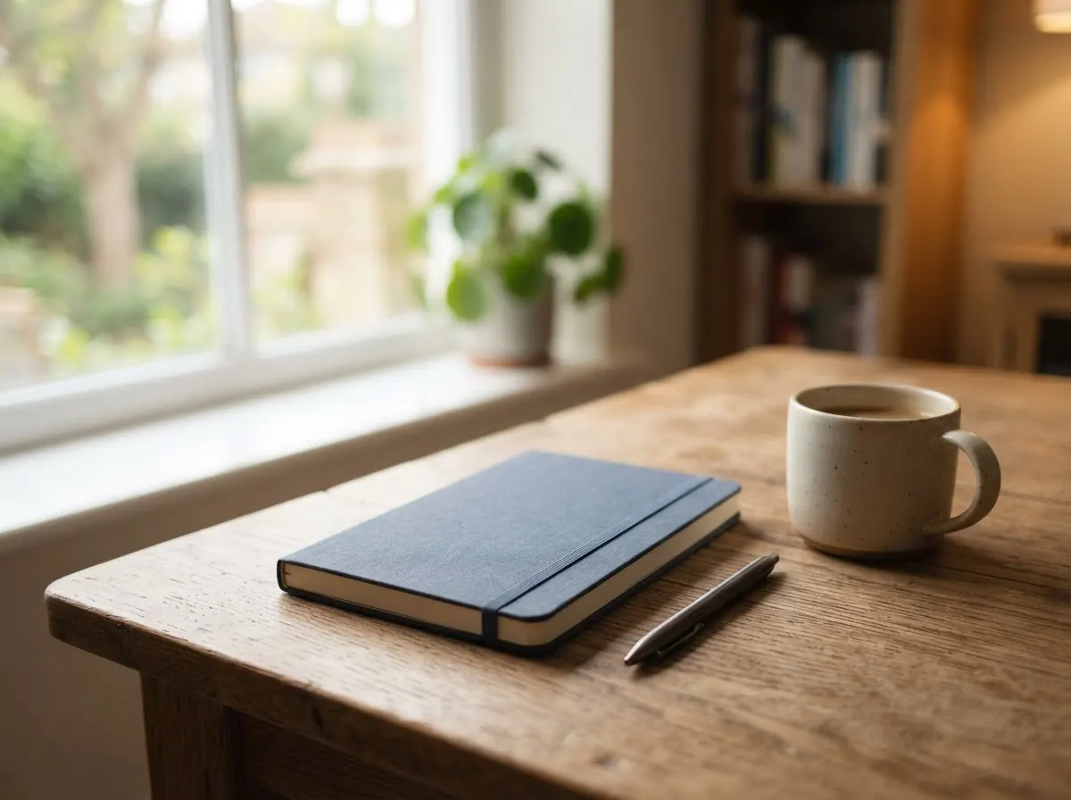 A closed notebook and a pen on a wooden table beside a mug, in daylight.