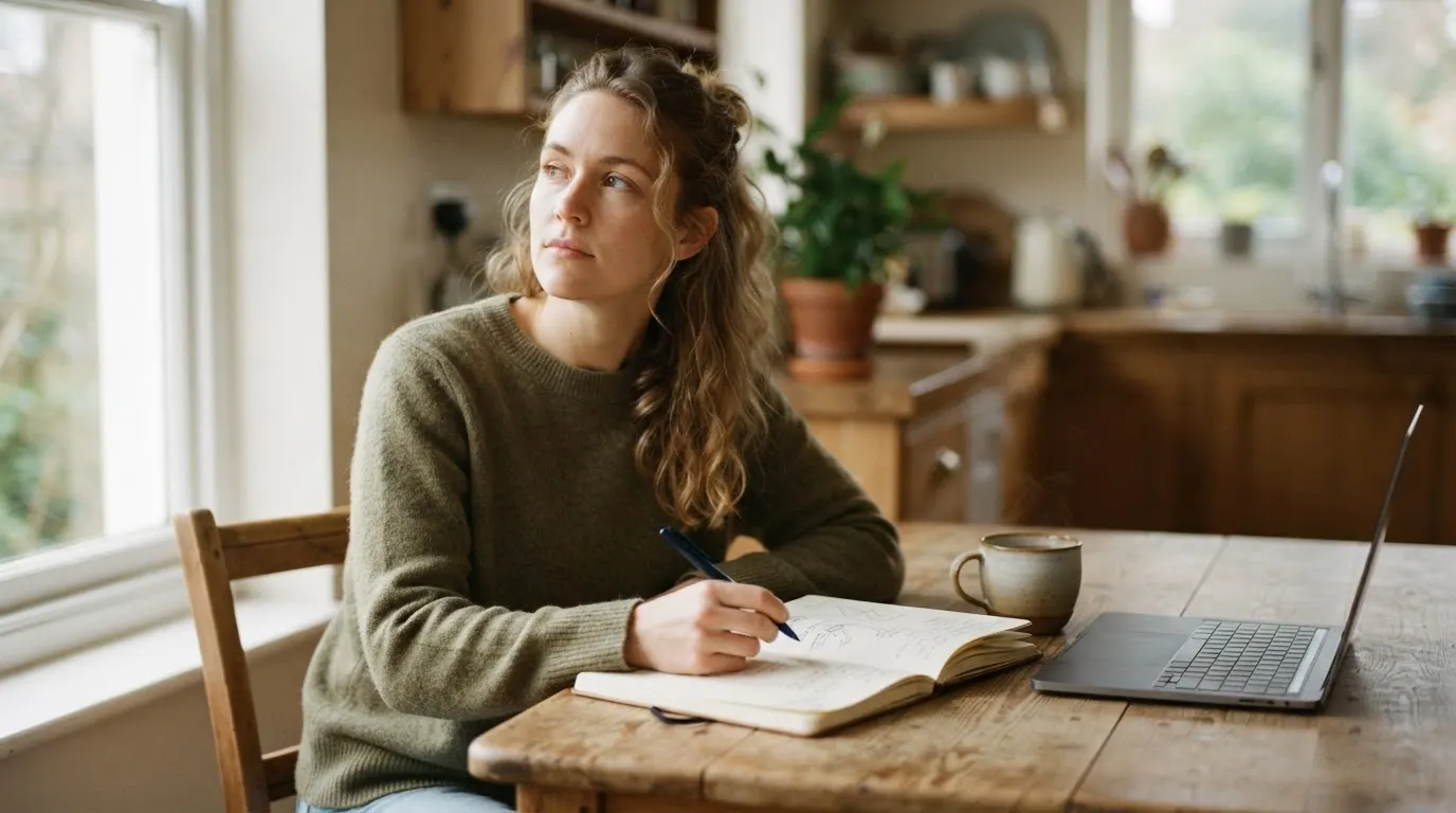 A person sits at a kitchen table with an open notebook and a pen, a closed laptop and a mug beside them.