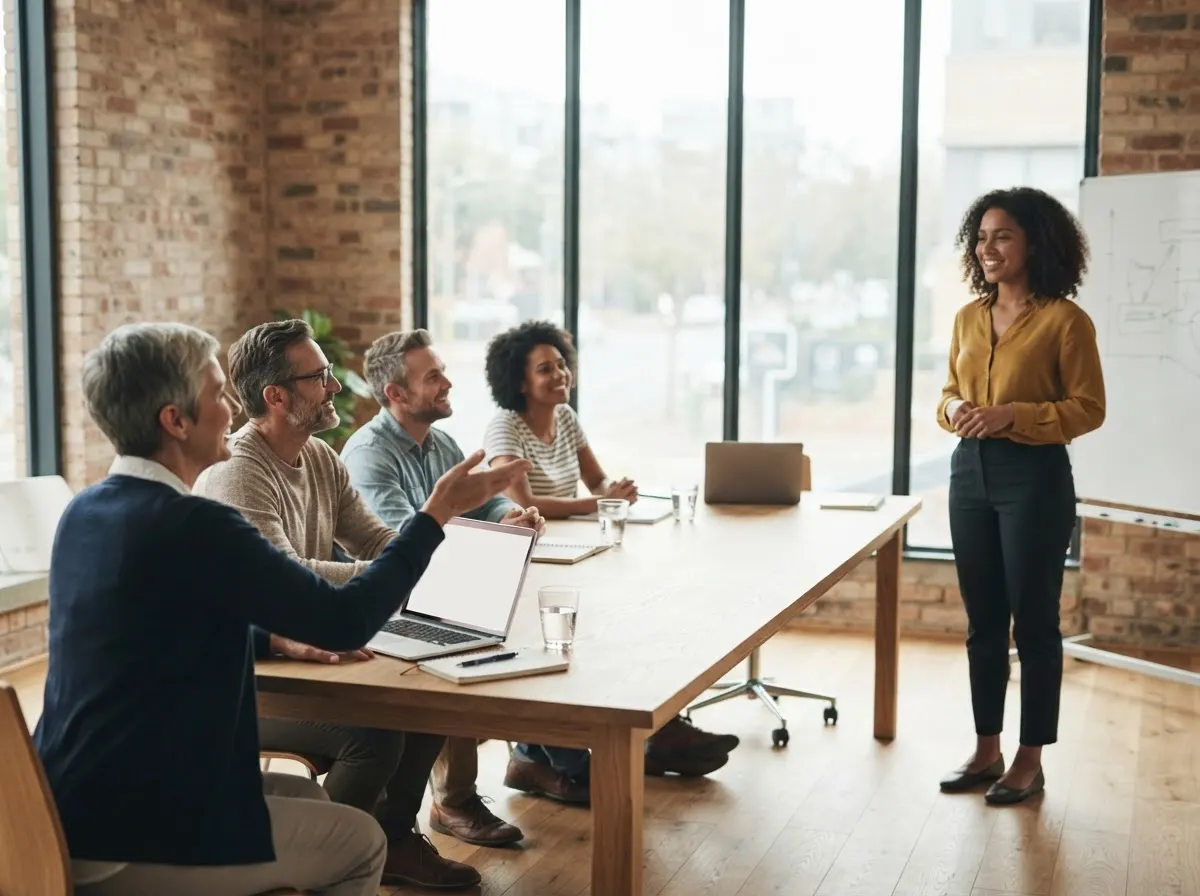 A new team member standing at the end of a meeting table while seated colleagues turn toward them.