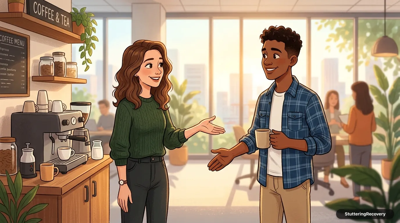 Animated illustration of two coworkers introducing themselves warmly by an office coffee station in morning sunlight.