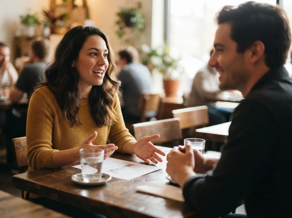 Two people sit across a table, one speaking with both hands open, the other listening.