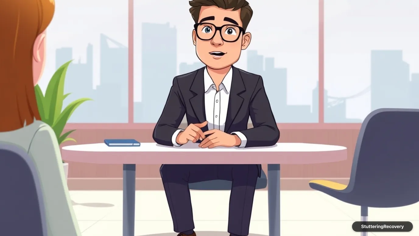 Animated illustration of a candidate speaking with calm composure during a job interview.