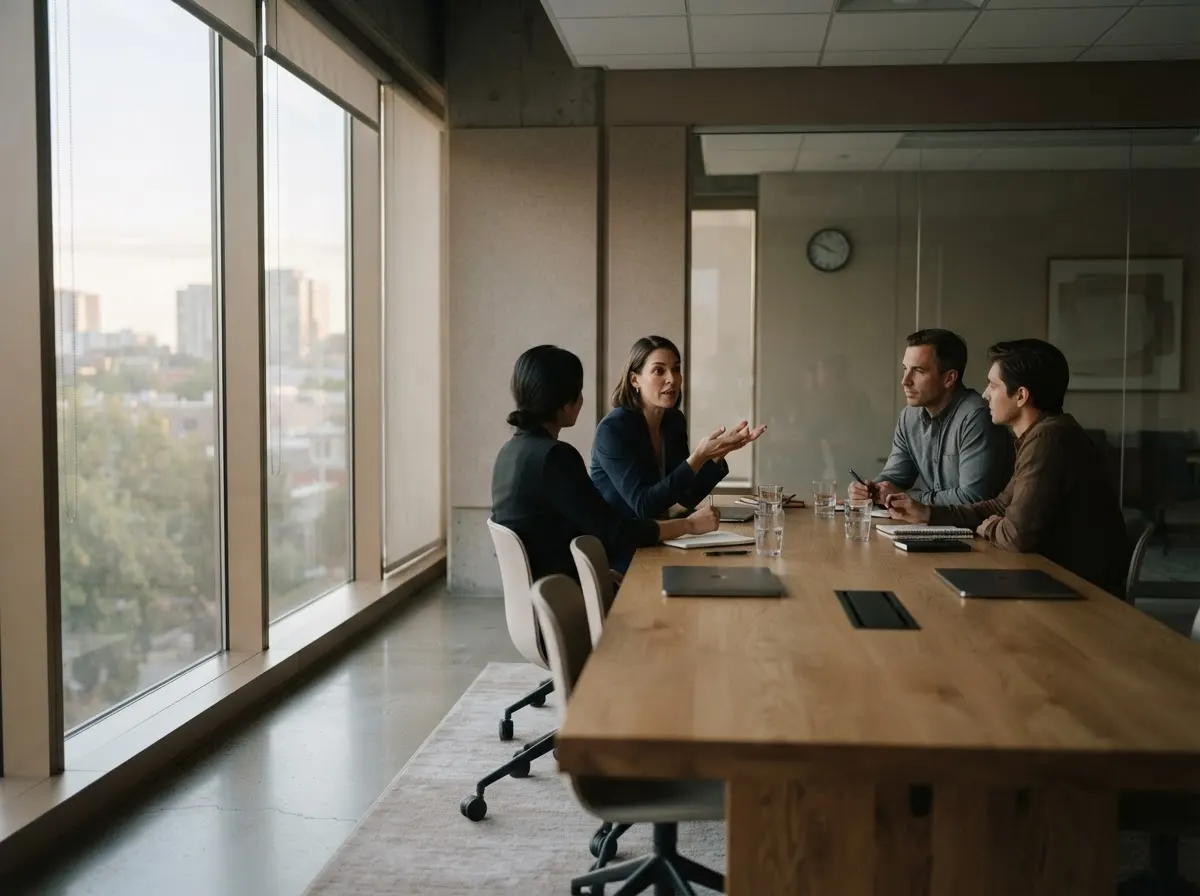 Four people sit along one side of a wooden meeting table in a room with tall windows, one of them mid-sentence with a hand raised.