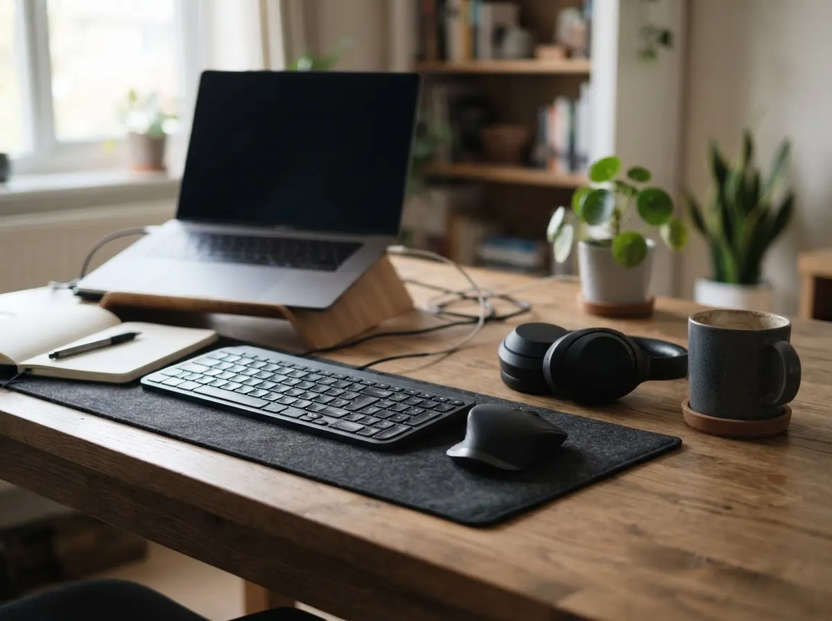 A desk with an open laptop, a headset, a keyboard and a mug, in mid-morning light.