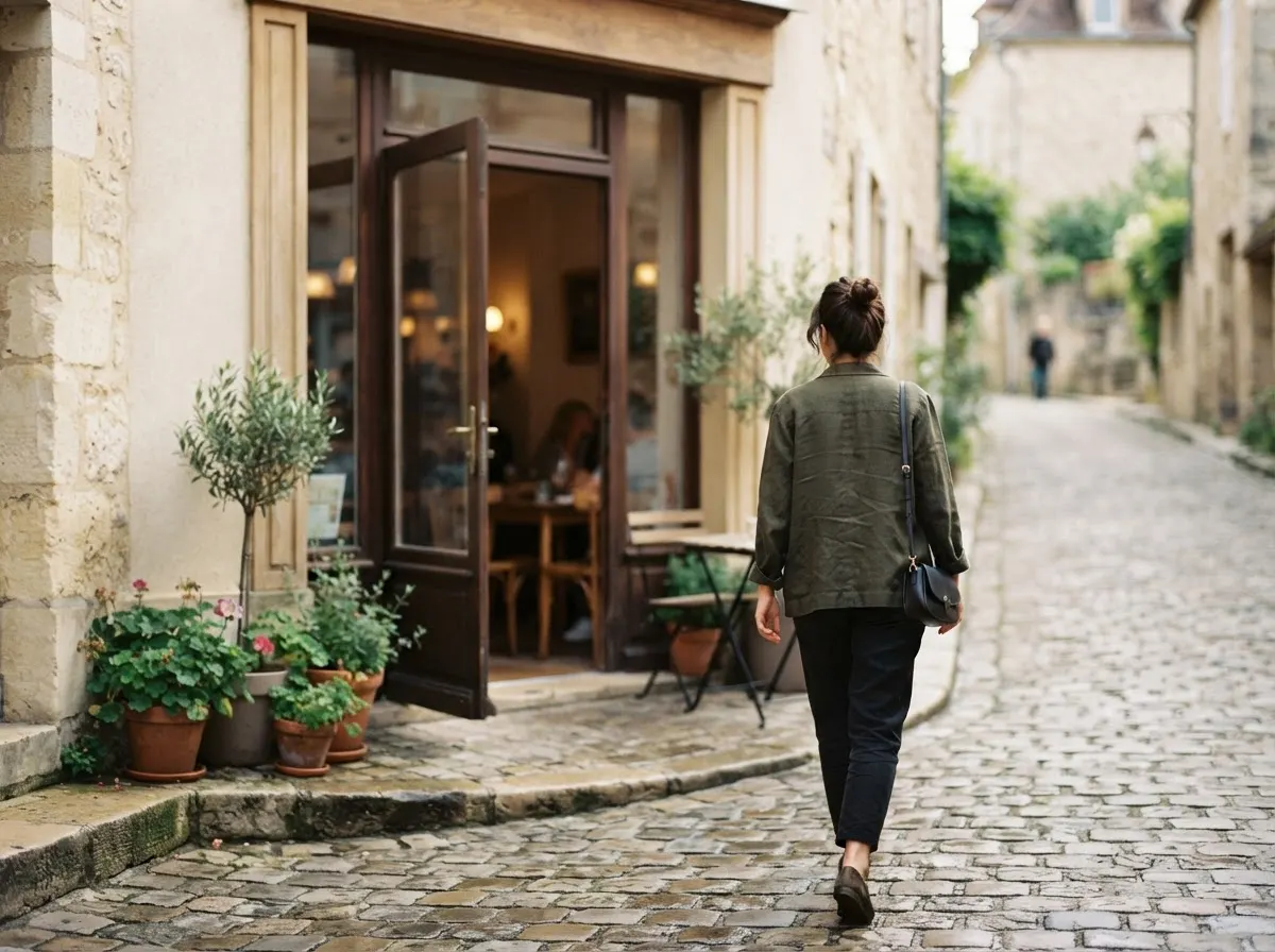 A person walks toward the open door of a small cafe on a quiet street, seen from behind.