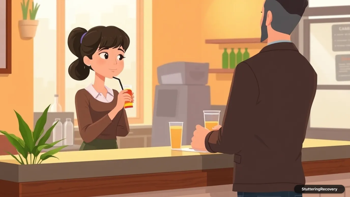 Animated illustration of an adult placing an order at a warm, friendly coffee shop counter.