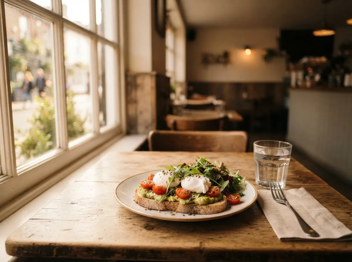 A plate of food and a glass of water on a table beside a window, seen from the diner’s seat.