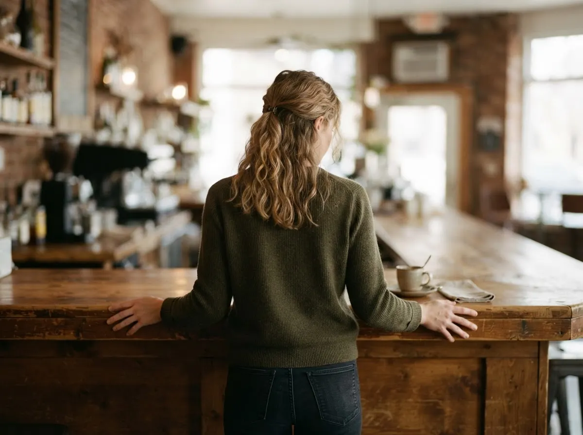 A person stands at a cafe counter with both hands resting on the edge, seen from behind.