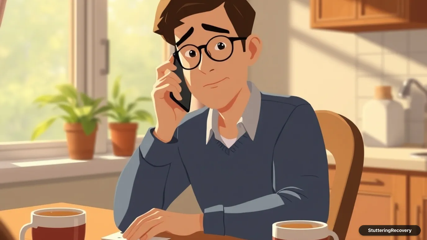 Animated illustration of an adult making a phone call from a sunlit kitchen table.
