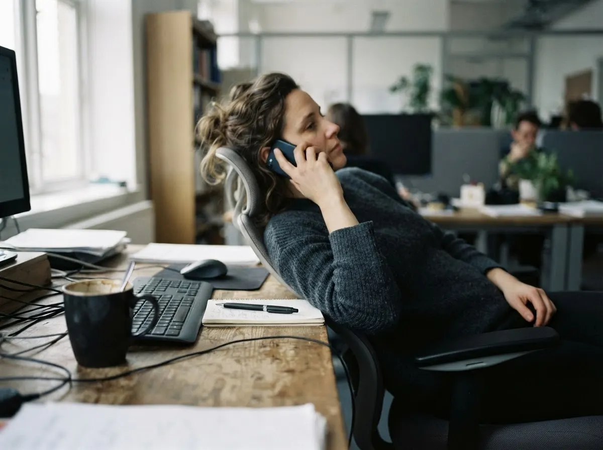 A person at an office desk holding a phone to one ear and leaning back, waiting.