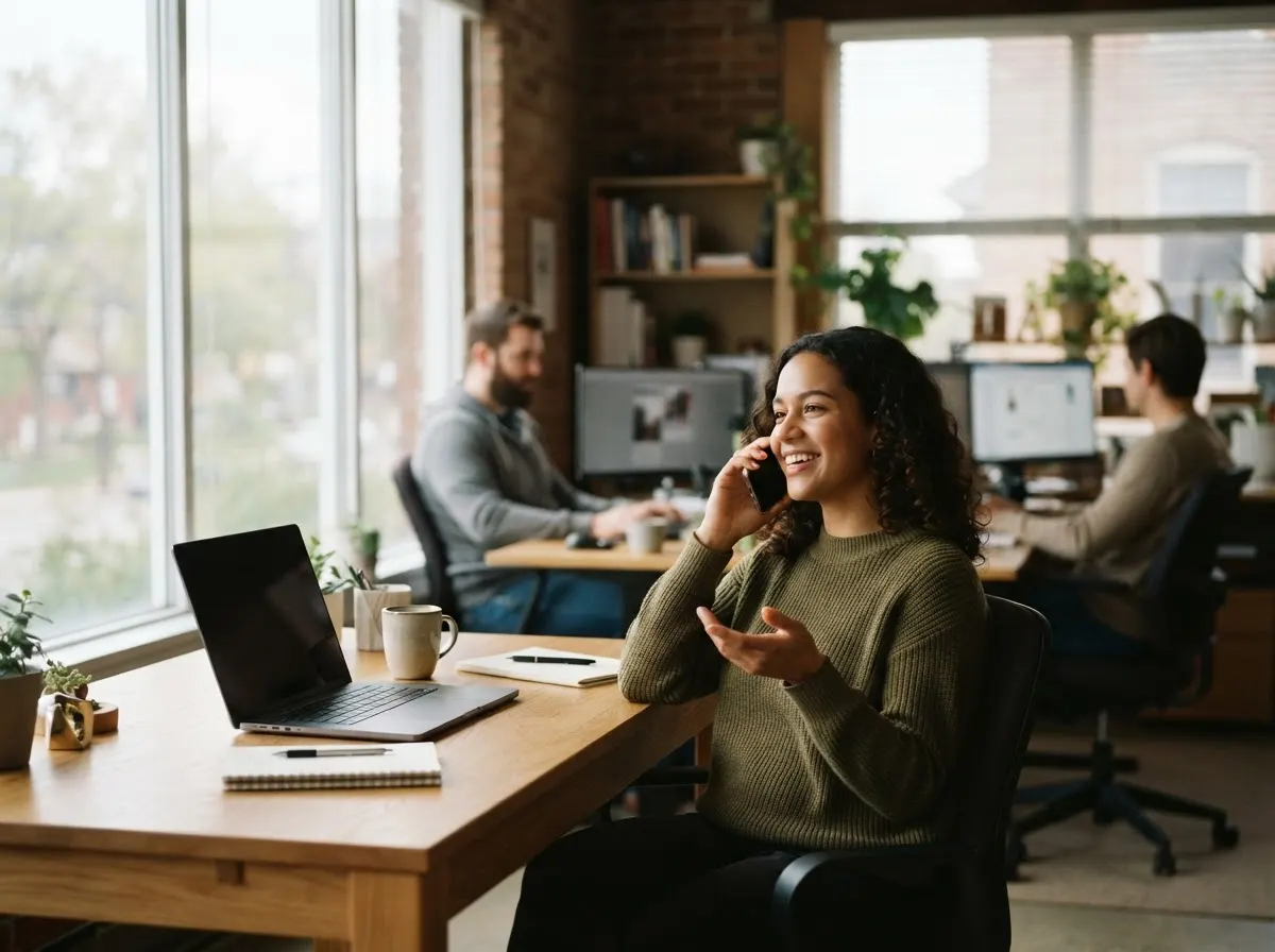 One person on a call at a desk in an open plan office, colleagues working behind them.