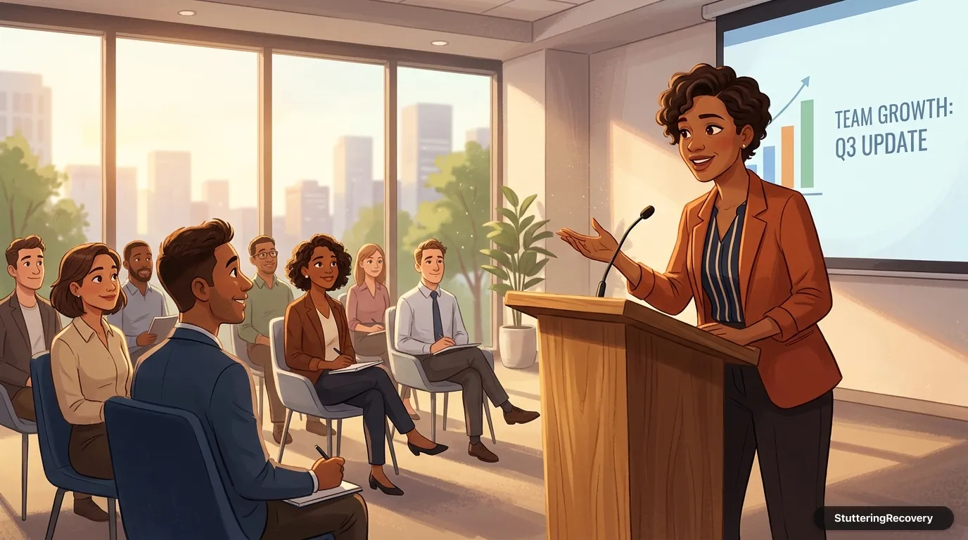 Animated illustration of a confident professional giving a presentation from a wooden lectern in a sunlit conference room.