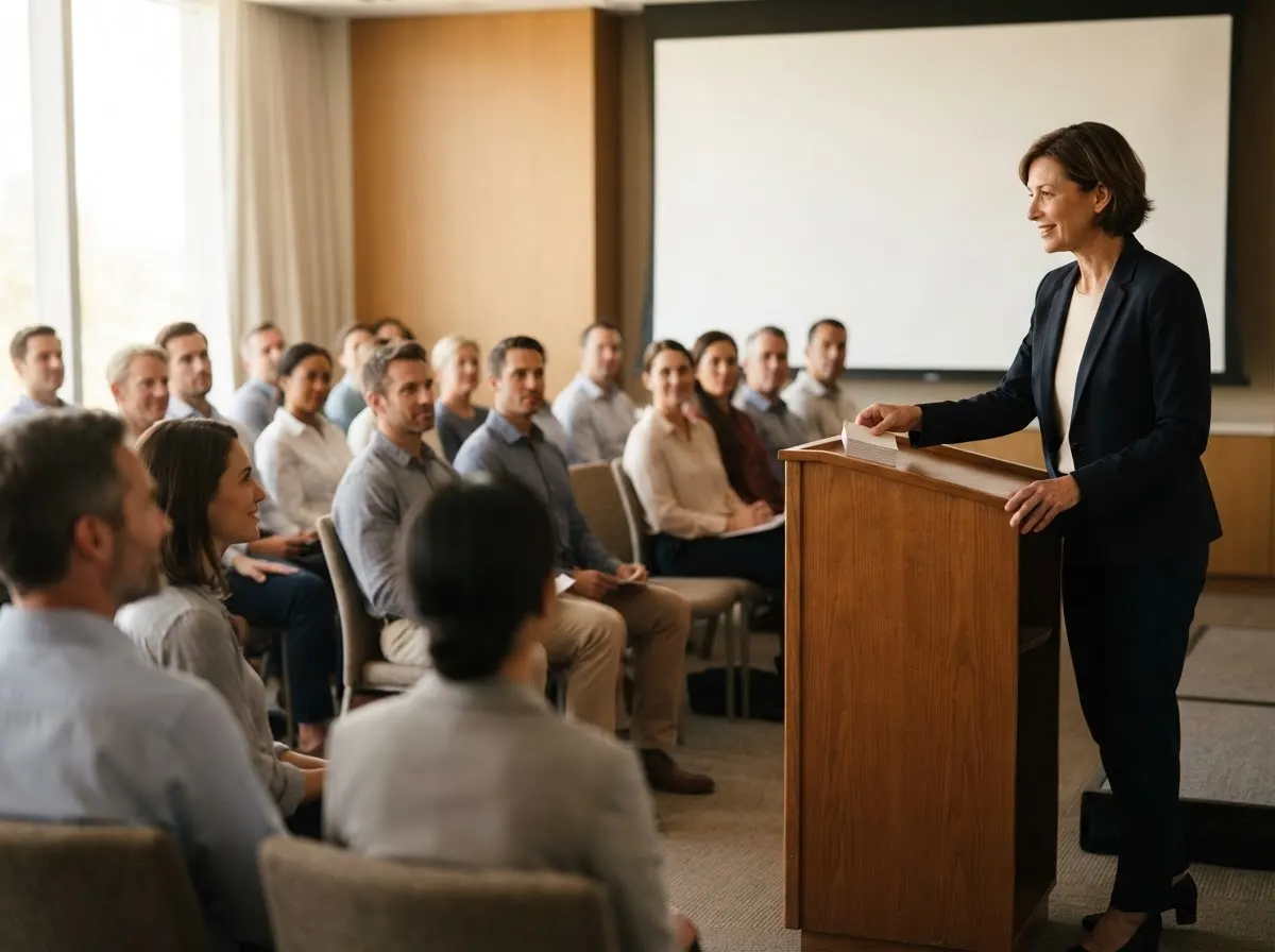 A presenter setting down note cards at a lectern in front of a small seated audience.