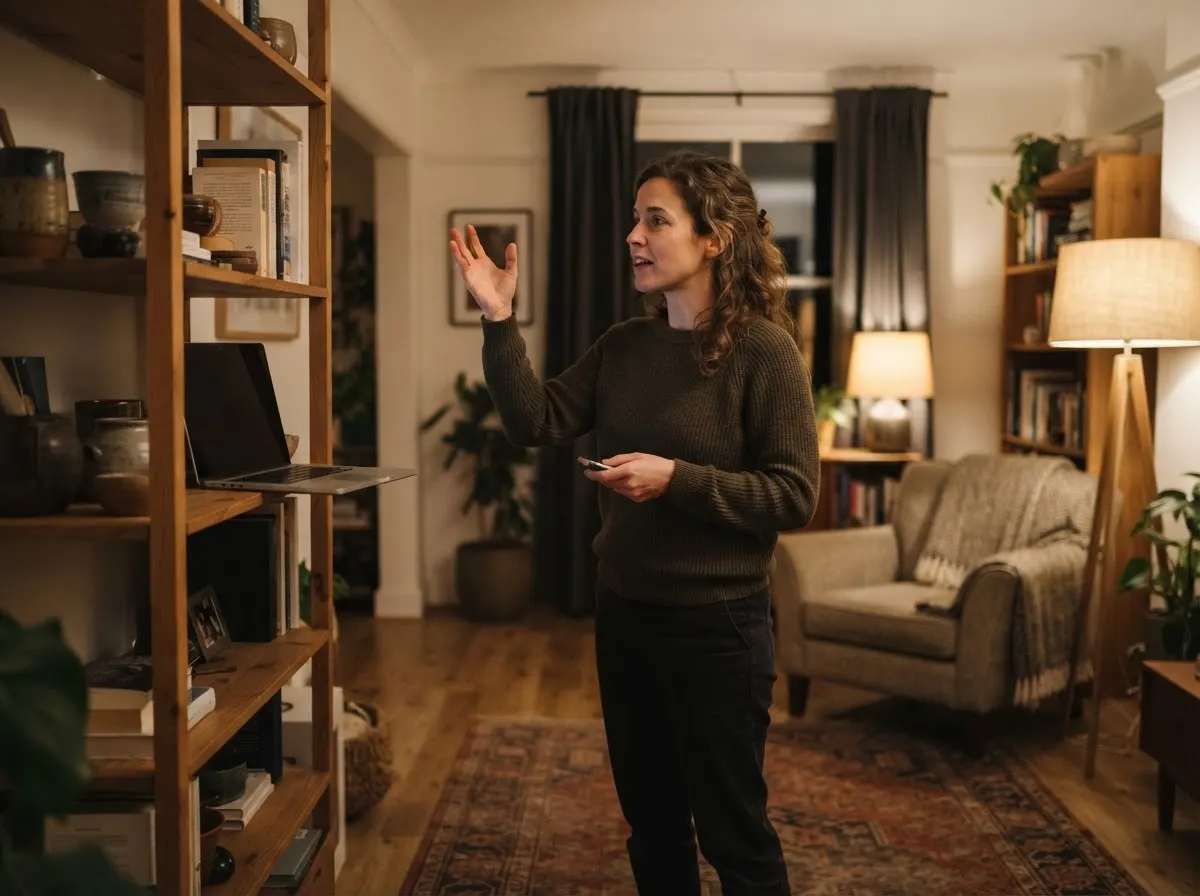 A person rehearsing a talk aloud in a living room, a laptop open on a bookshelf.