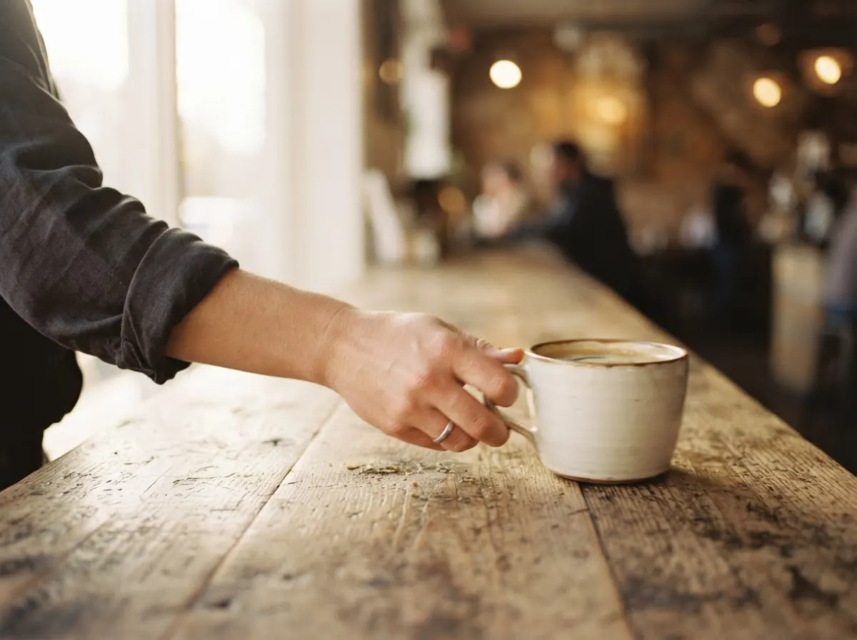 A hand sets a coffee cup down on a wooden counter in warm morning light.