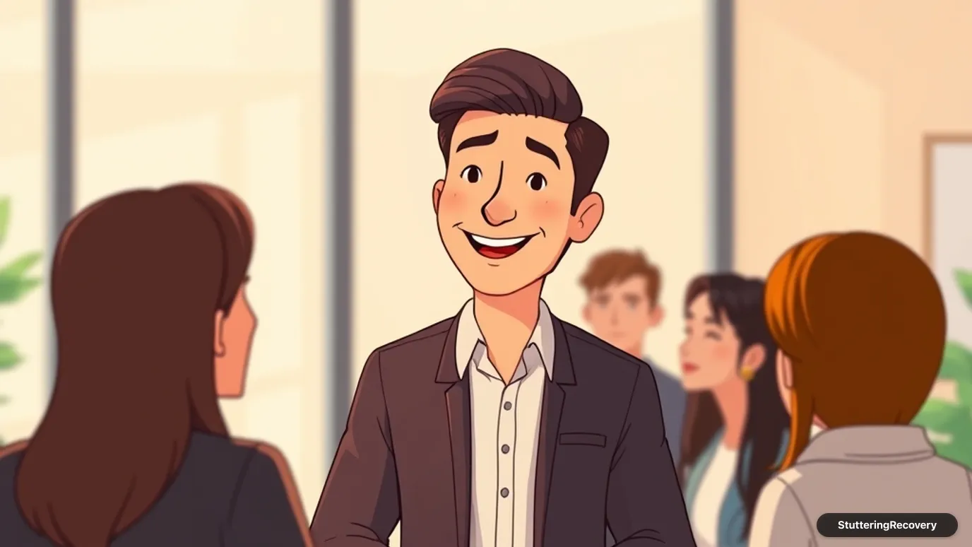 Animated illustration of an adult smiling as they say their name to a group of colleagues.