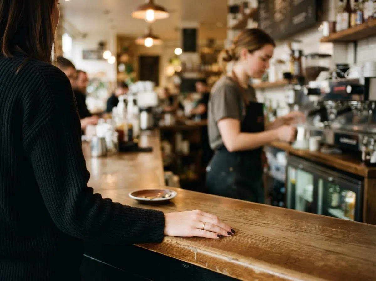 A customer waits at a cafe counter, one hand resting on the wooden edge, a barista working behind it.