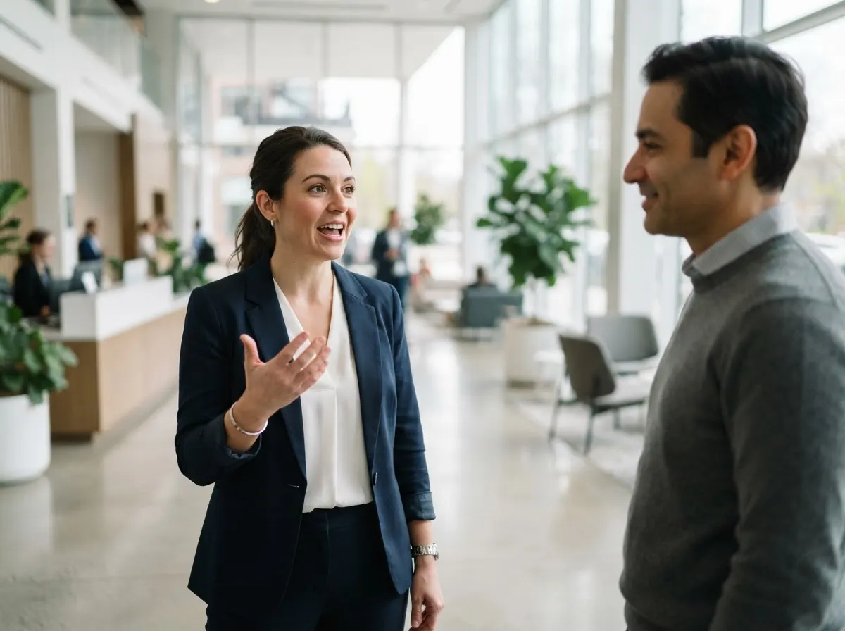 A person mid-sentence in a bright office lobby, one hand raised, a colleague listening.