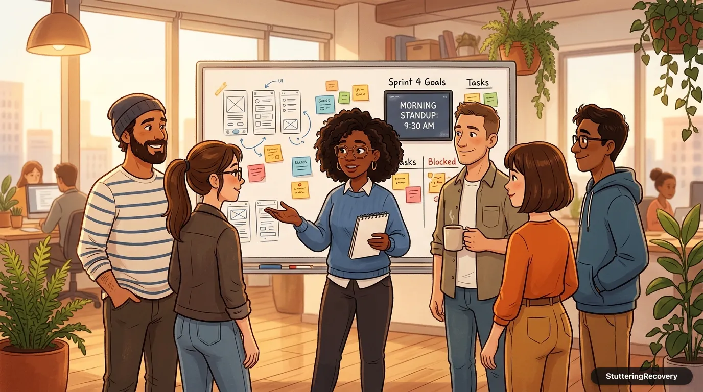 Animated illustration of a supportive product team standing in a morning standup circle beside a task whiteboard.
