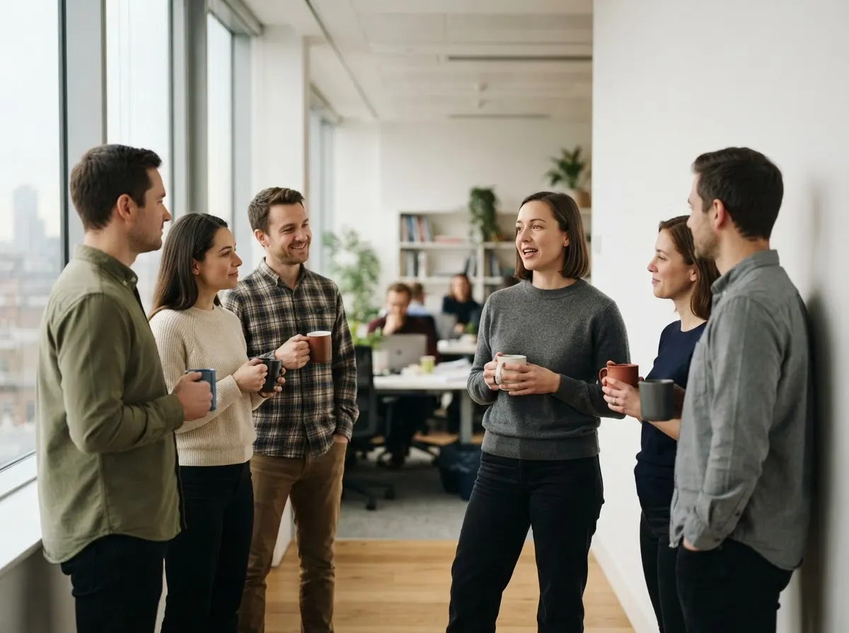 Six colleagues standing in a circle with mugs at a morning standup, one of them speaking.