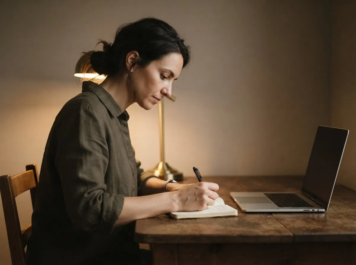 A person at a home desk in the evening writing a few lines in a small notebook under a lamp.