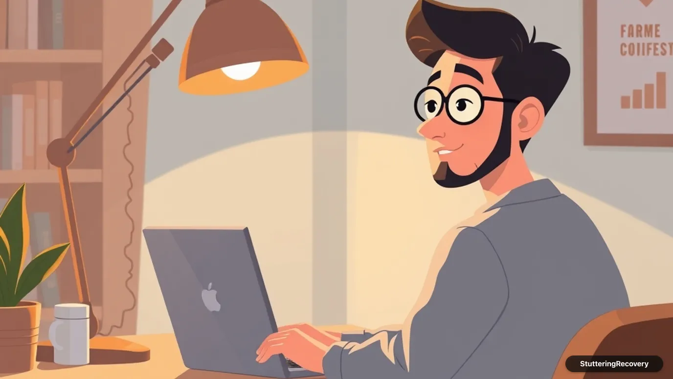 Animated illustration of an adult speaking calmly during a video conference call at home.