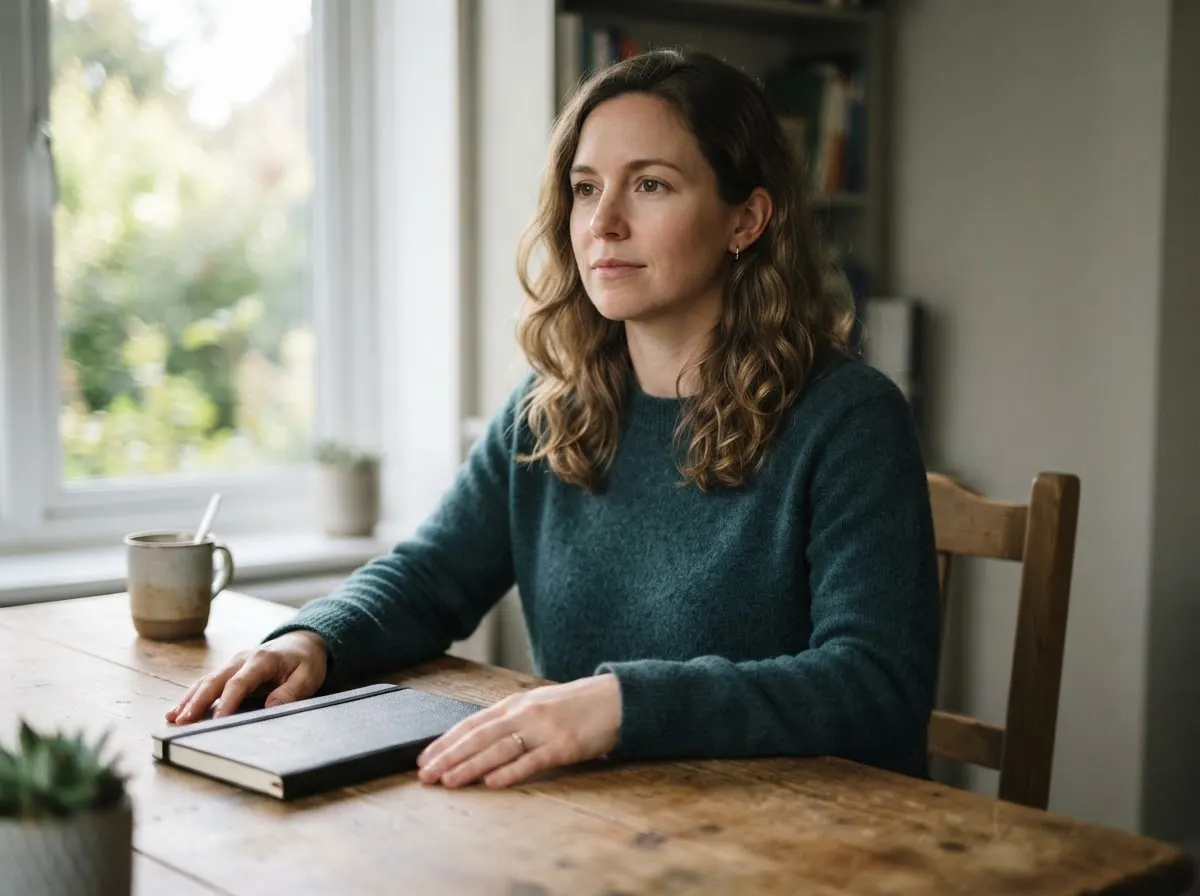 A person sits at a desk with both hands resting flat on the wood in front of them, mid-pause.