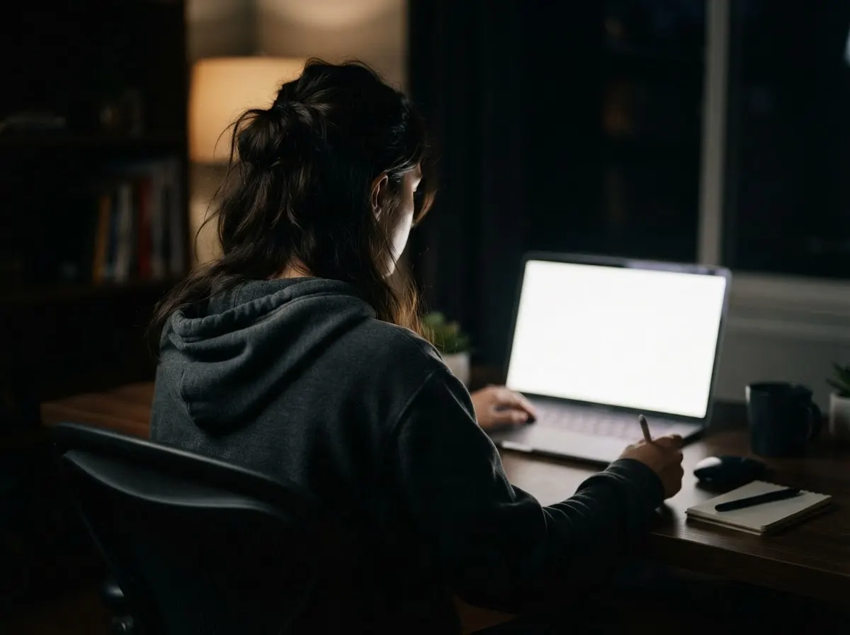 A person sits at a desk in a dim room, facing a laptop whose bright screen lights the desk.