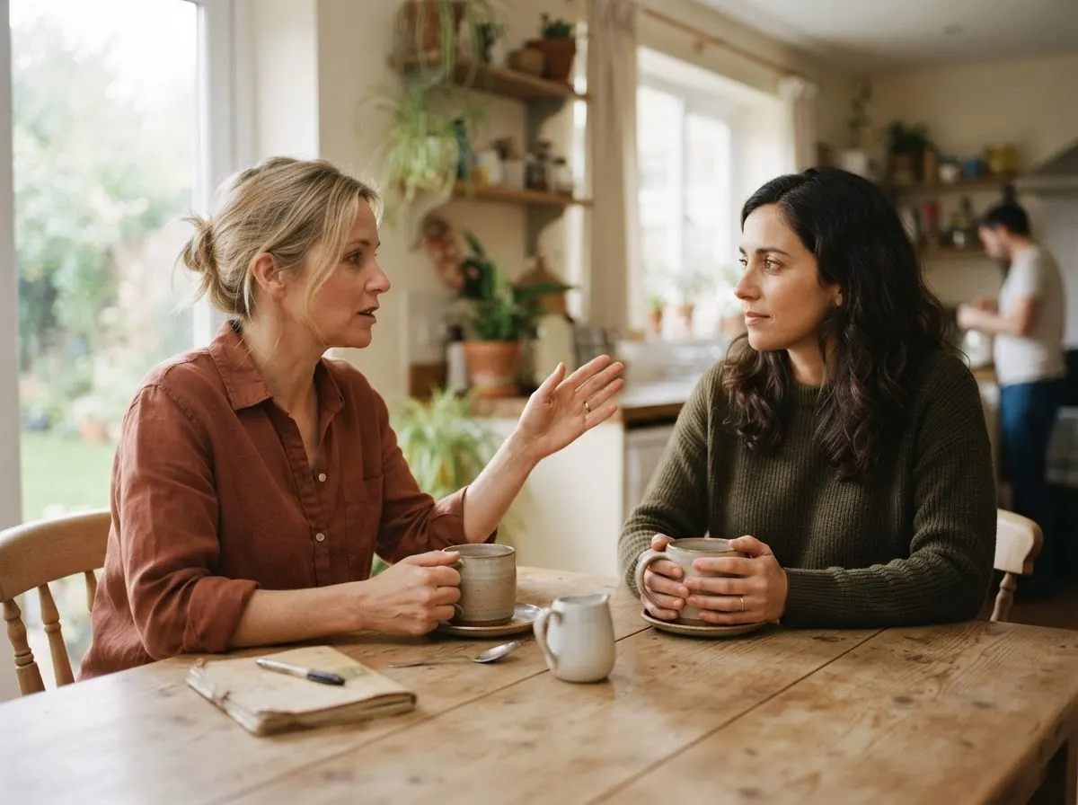 Two people talking over mugs of tea at a kitchen table, one gesturing while the other listens.